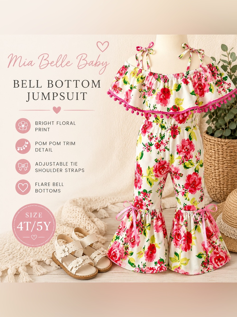 Mia Belle Baby Girls 4T/5Y Floral Cold Shoulder Bell Bottom Jumpsuit